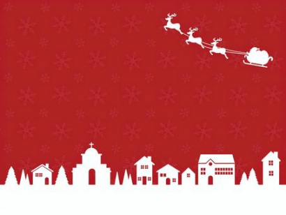 クリスマス背景素材サンタ飛ぶ街＿赤