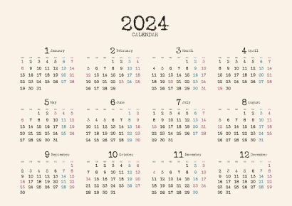 2024年の年間カレンダー月曜始ま