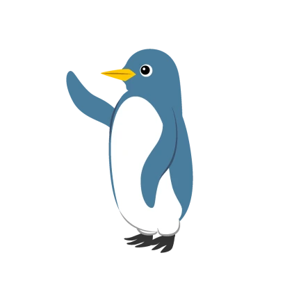 手を上げる青いペンギンキャラのイラスト