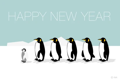 列になって歩くペンギンの年賀状のイラスト