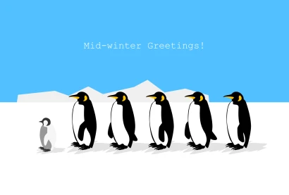 列になって歩くペンギンの寒中見舞いカードのイラスト