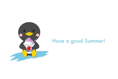 かき氷を食べるペンギンの暑中見舞いのイラスト