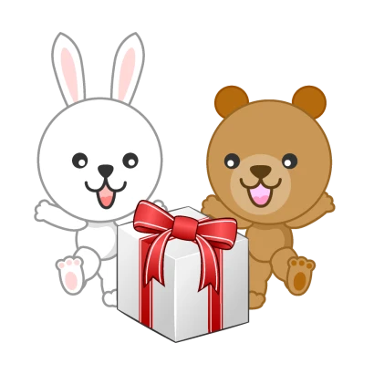 プレゼントを喜ぶクマとウサギのイラスト