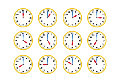 1時から12時の時間を学ぶ時計のイラスト