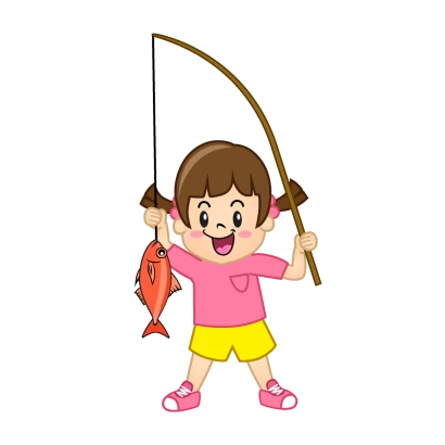 釣った魚に興奮する女の子のイラスト