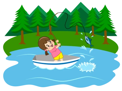 湖で釣る女の子のイラスト
