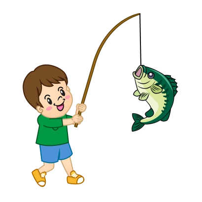 魚を釣り上げる男の子のイラスト