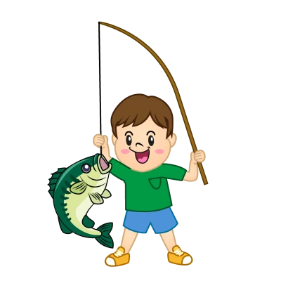 釣った魚に興奮する男の子のイラスト