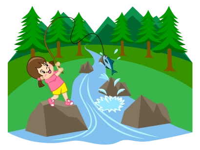 渓流で釣る女の子のイラスト