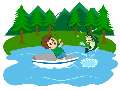 湖で釣る男の子のイラスト