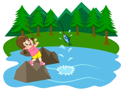 川で釣る女の子のイラスト